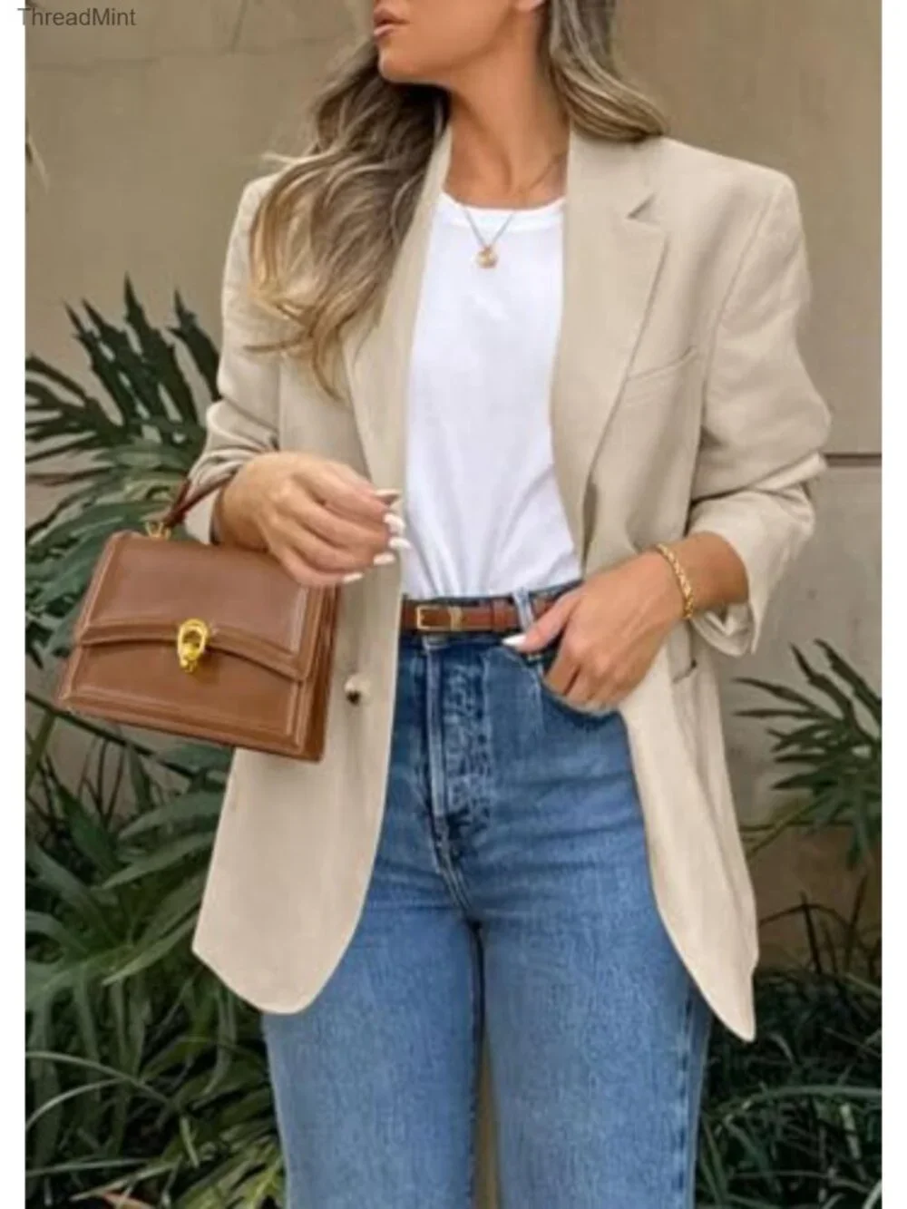 Women Business Casual Blazer with Notch Lapel, Long Sleeve, Button Front,